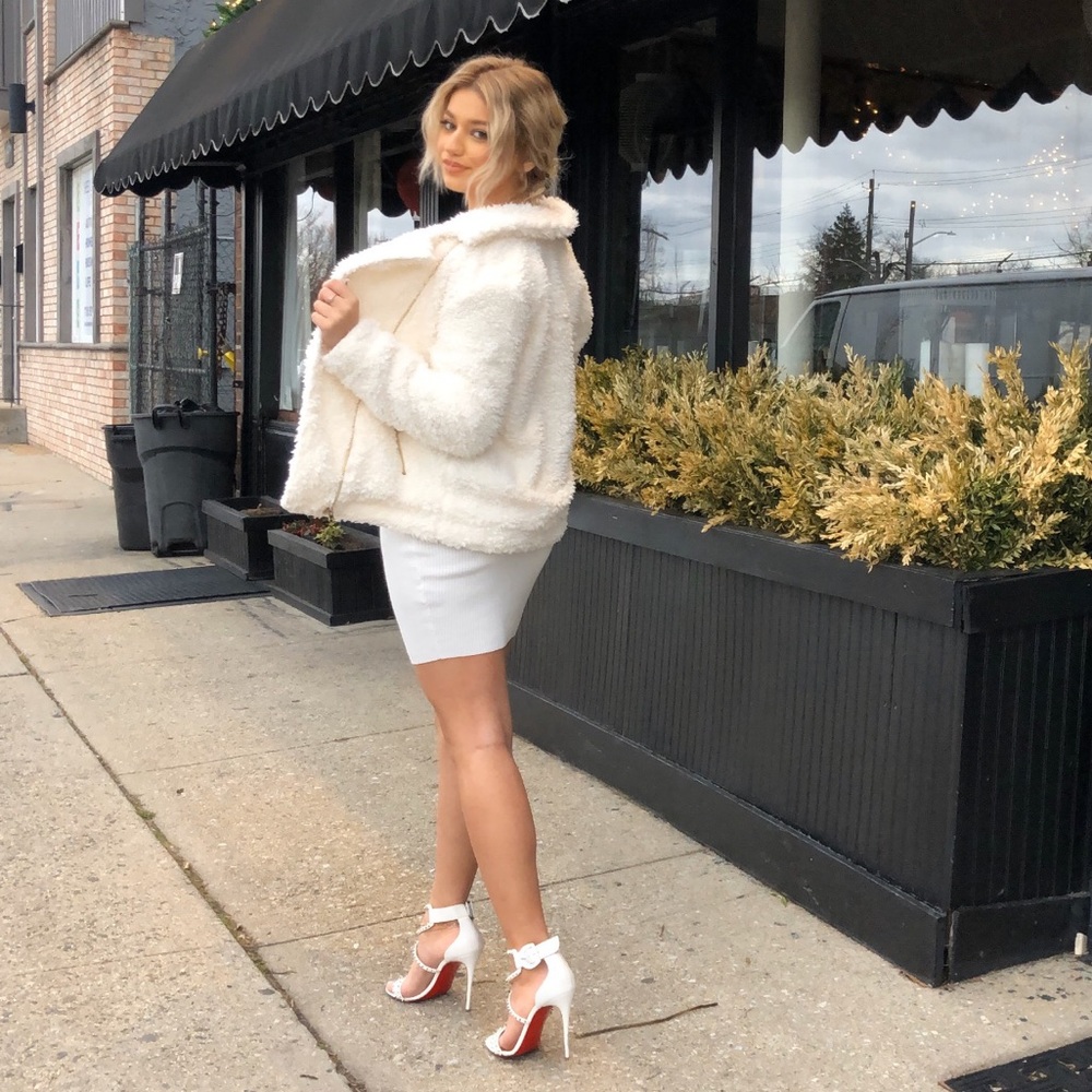 Fuzzy faux Sherpa fur Moto Jacket - Ivory - Picture 3 of 6